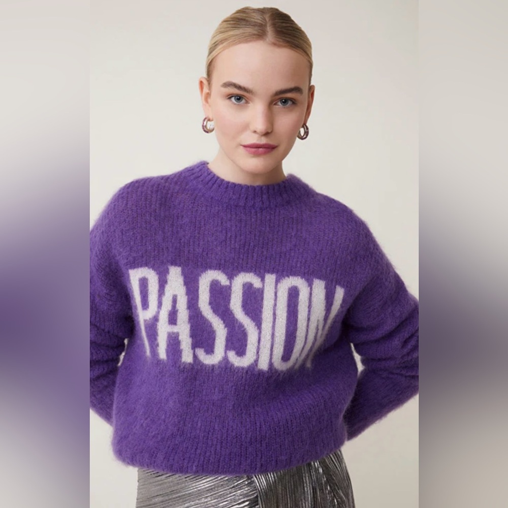 SUNCOO Purple Statement Mohair blend Graphic Crop Sweater Passion Parisian Chic